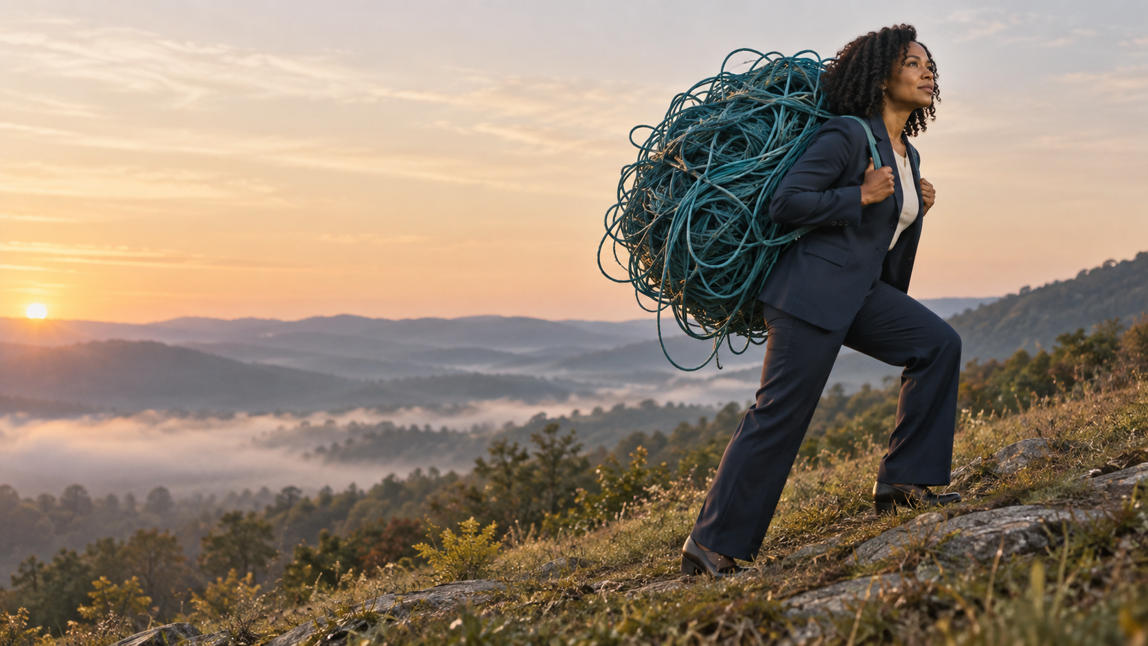 A nonprofit leader climbing a hillside while carrying a growing tangle of responsibilities